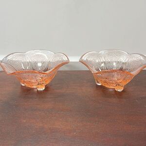 M-Hazel atlas‎ depression glass pink royal lace ruffled edge candle holders from